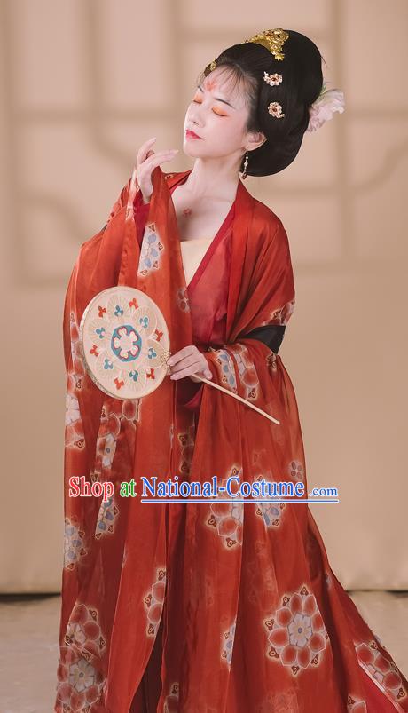 Traditional Chinese Tang Dynasty Noble Concubine Historical Costumes Ancient Court Woman Hanfu Garment Printing Red Chiffon Cloak Blouse Camisole and Skirt Full Set