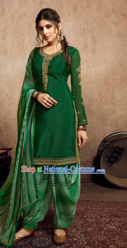 Asian India Traditional Civilian Woman Costumes Asia Indian National Punjab Suits Green Crepe Long Blouse Shawl and Loose Pants Full Set