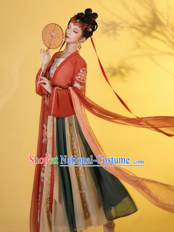 Traditional Chinese Tang Dynasty Princess Historical Costumes Ancient Noble Lady Hanfu Garment Embroidered Blouse Camisole and Skirt Full Set