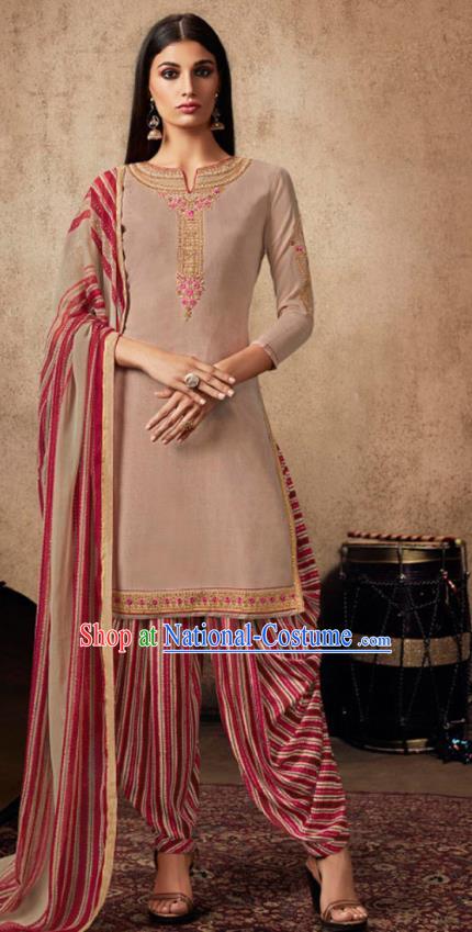 Asian India Traditional Civilian Woman Costumes Asia Indian National Punjab Suits Light Brown Crepe Long Blouse Shawl and Loose Pants Full Set