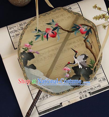 China Handmade Hanfu Fan Embroidered Crane Peach Palace Fan Traditional Yellow Silk Fan