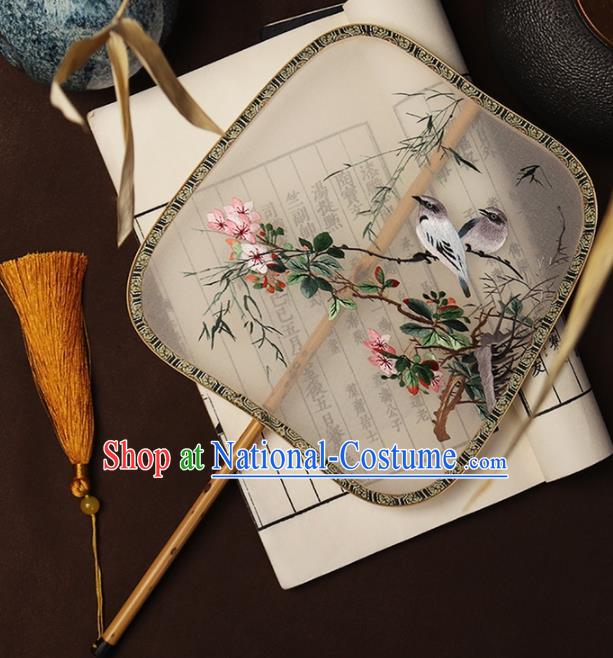 China Traditional White Silk Fan Handmade Hanfu Fan Embroidered Flowers Bird Palace Fan