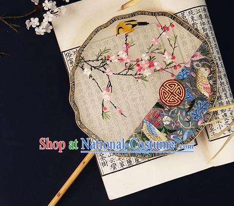 China Embroidered Plum Birds Palace Fan Handmade Bride Hanfu Fan Traditional Silk Fan