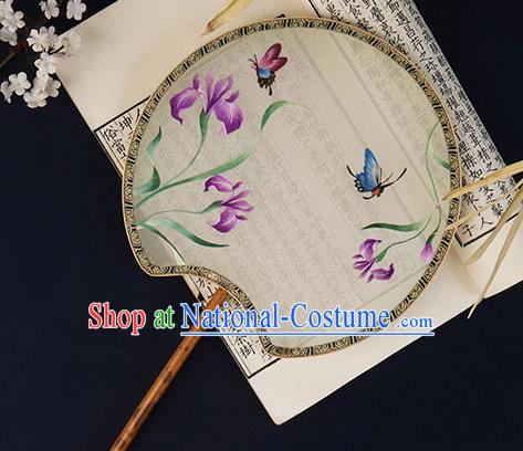 China Embroidered Orchid Butterfly Palace Fan Handmade Bride Hanfu Fan Traditional White Silk Fan