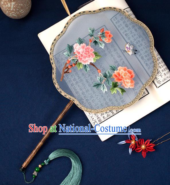 China Embroidered Peony Palace Fan Handmade Hanfu Fan Traditional Blue Silk Fan