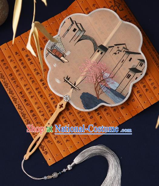 China Embroidered Waterside Palace Fan Handmade Hanfu Fan Traditional Silk Fan