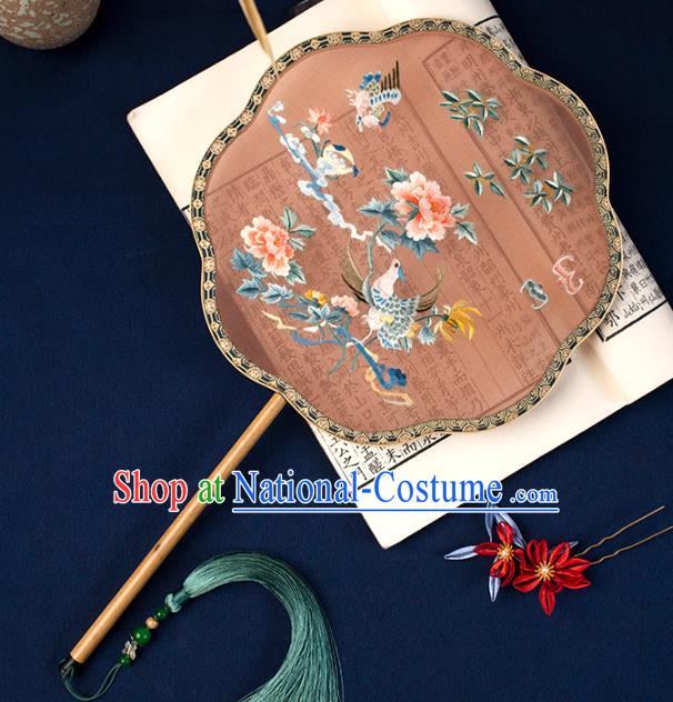 China Handmade Hanfu Fan Traditional Orange Silk Fan Embroidered Phoenix Peony Palace Fan