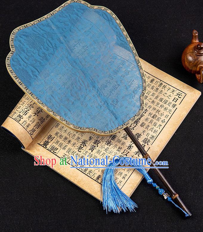 China Handmade Palace Fan Traditional Ancient Princess Jacquard Blue Silk Fan Classical Hanfu Fan