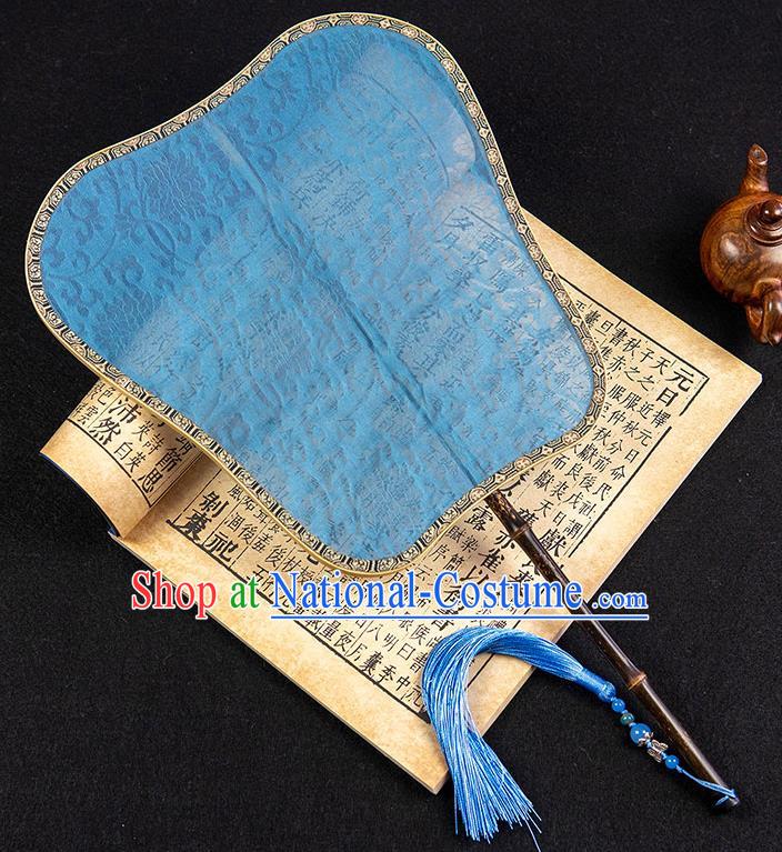 China Classical Hanfu Fan Handmade Palm Leaf Palace Fan Traditional Ancient Princess Jacquard Blue Silk Fan