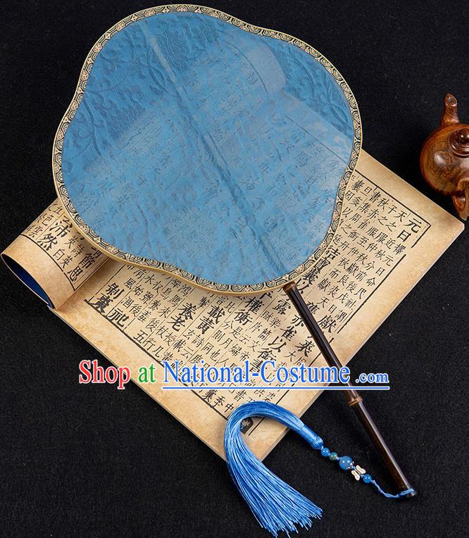 China Classical Hanfu Fan Traditional Ancient Princess Jacquard Blue Silk Fan Handmade Palace Fan