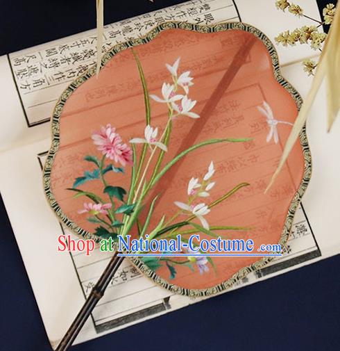 China Traditional Orange Silk Fan Embroidered Orchids Palace Fan Handmade Ebony Hanfu Fan