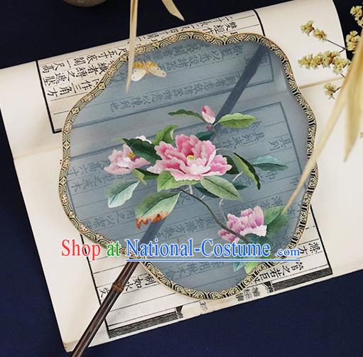 China Embroidered Peony Palace Fan Handmade Ebony Hanfu Fan Traditional Blue Silk Fan