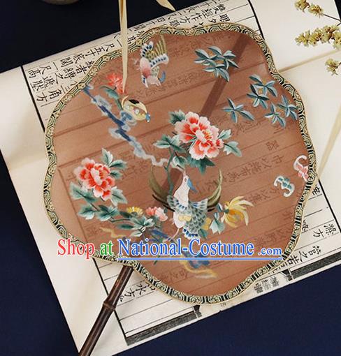 China Embroidered Phoenix Peony Palace Fan Handmade Ebony Hanfu Fan Traditional Maroon Silk Fan