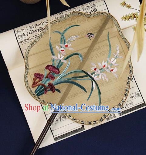 China Embroidered Orchids Palace Fan Handmade Ebony Hanfu Fan Traditional Yellow Silk Fan