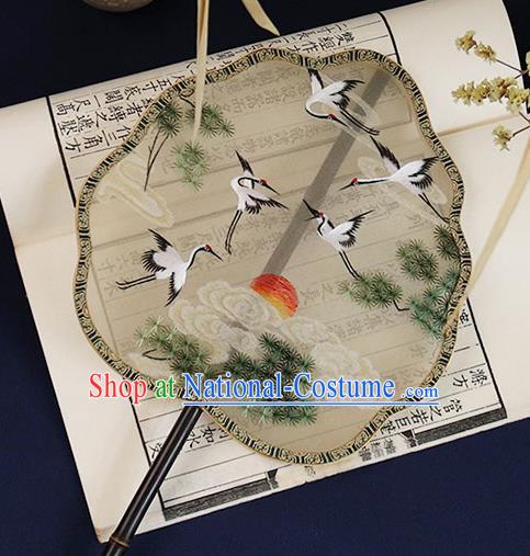 China Embroidered Pine Crane Palace Fan Traditional Silk Fan Handmade Ebony Hanfu Fan