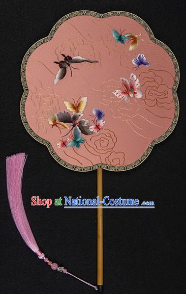 China Handmade Wedding Palace Fan Traditional Embroidered Butterfly Fan Classical Hanfu Pink Silk Fan