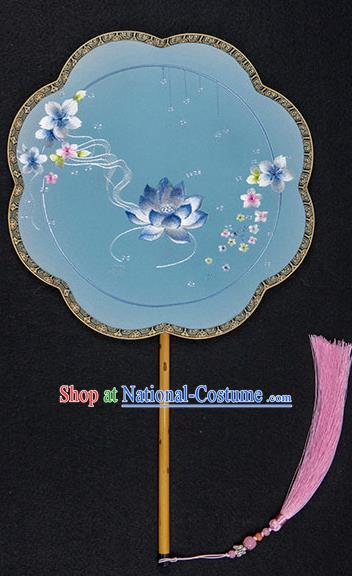 China Traditional Embroidered Lotus Fan Classical Hanfu Blue Silk Fan Handmade Wedding Palace Fan