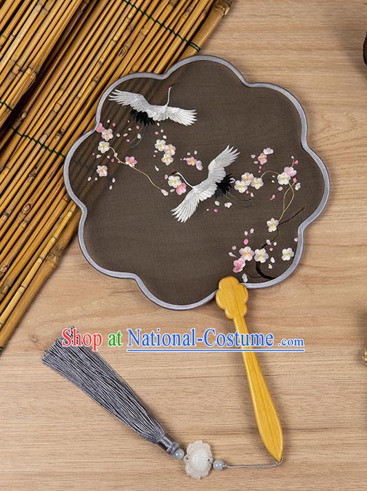 China Classical Hanfu Black Silk Fan Ancient Princess Palace Fan Handmade Traditional Embroidered Crane Plum Fan