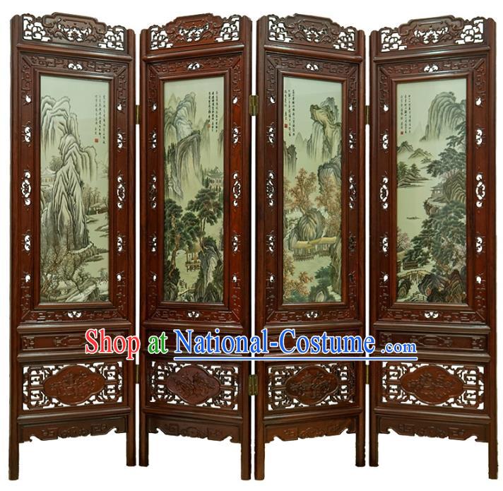 Handmade China Carving Rosewood Folding Screen Embroidered Furniture Ornaments