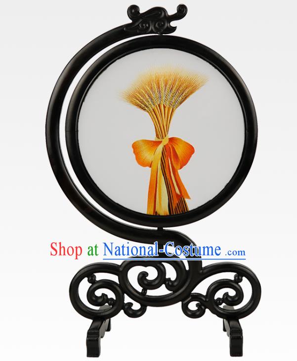 Handmade China Table Ornament Embroidered Harvest Sandalwood Desk Screen Suzhou Embroidery Craft