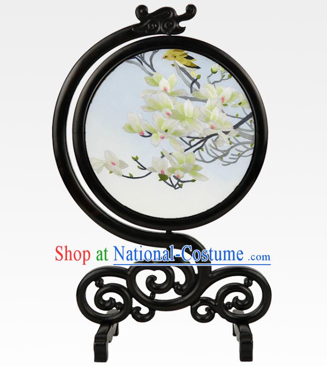 Handmade China Sandalwood Table Ornament Embroidered Mandarin Mangnolia Screen Suzhou Embroidery Craft