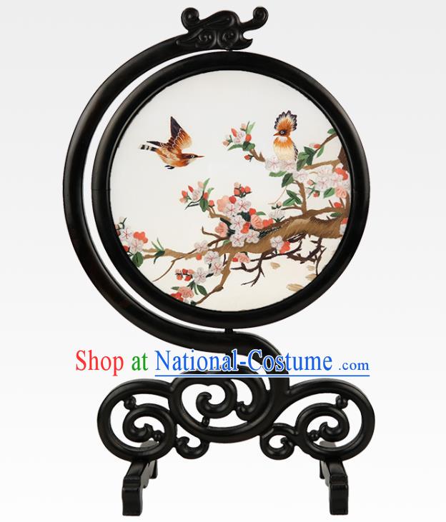 Handmade China Embroidered Plum Blossom Silk Screen Sandalwood Table Ornament Suzhou Embroidery Craft