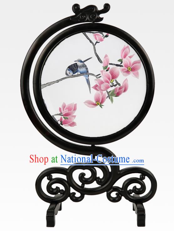 Handmade Sandalwood Table Ornament China Suzhou Embroidery Craft Embroidered Mangnolia Silk Screen