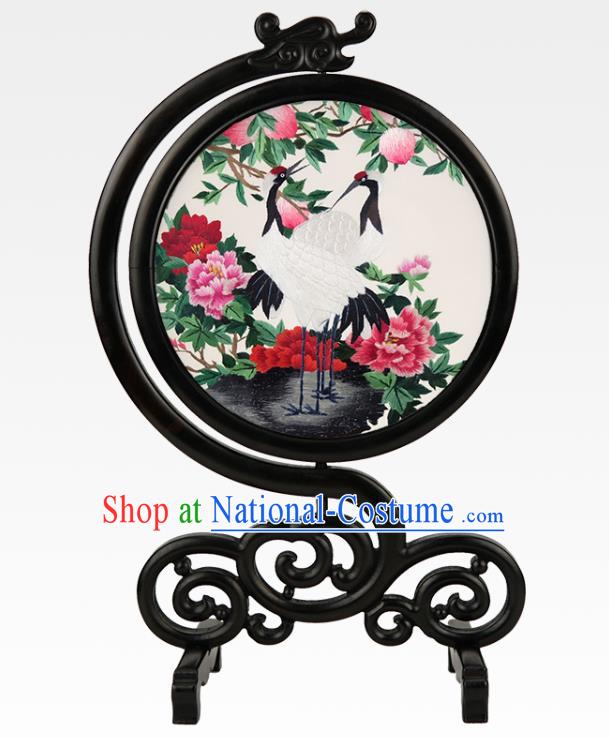 China Embroidered Crane Peony Silk Desk Screen Handmade Sandalwood Table Ornament Suzhou Embroidery Craft