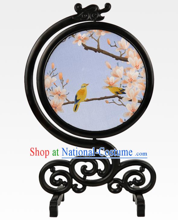 China Suzhou Embroidery Craft Handmade Sandalwood Table Ornament Embroidered Mangnolia Silk Desk Screen