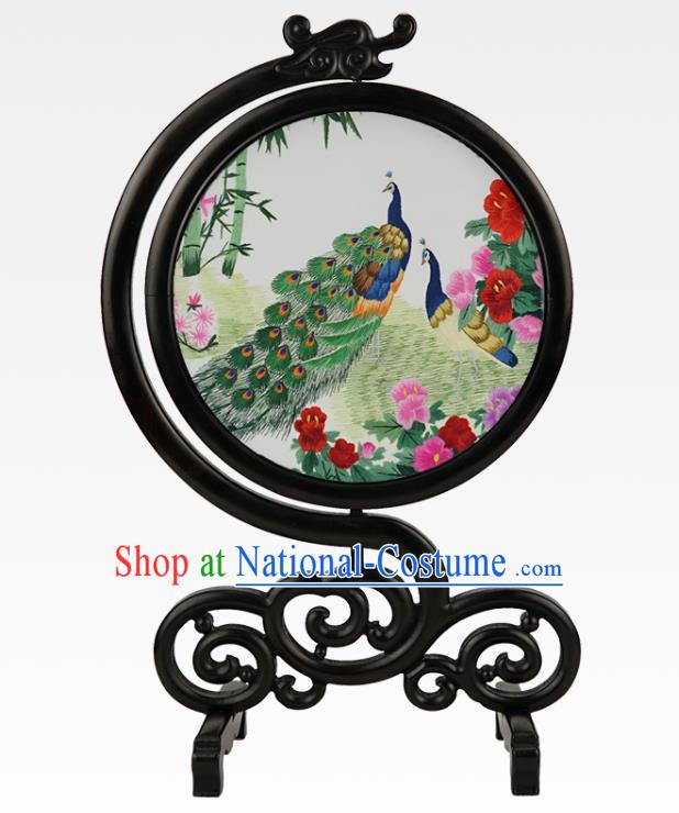 China Handmade Sandalwood Table Ornament Embroidered Peacock Peony Desk Screen Suzhou Embroidery Silk Craft