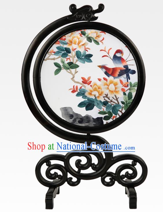 China Embroidered Mangnolia Birds Desk Screen Suzhou Embroidery Silk Craft Handmade Sandalwood Table Ornament