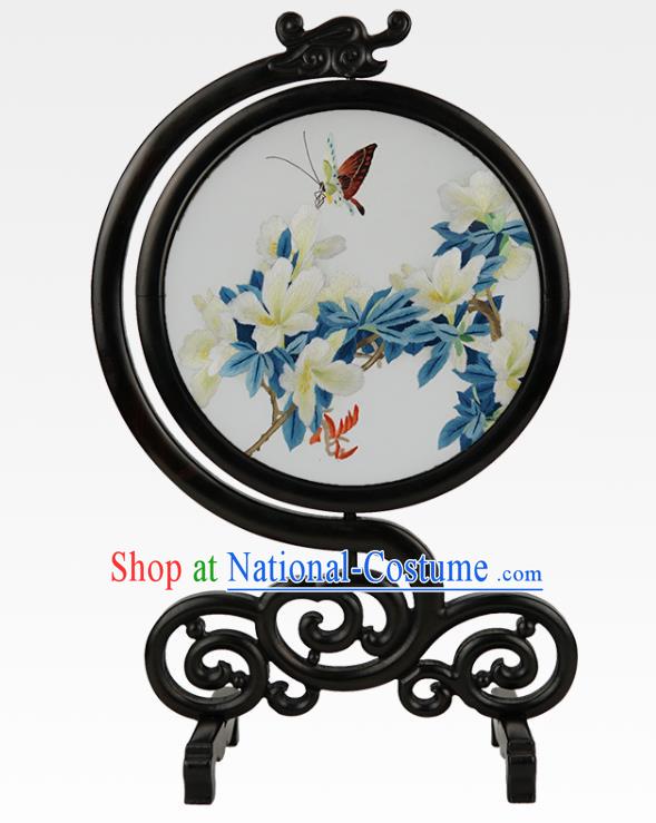 China Embroidered Butterfly Mangnolia Desk Screen Handmade Sandalwood Table Ornament Suzhou Embroidery Silk Craft