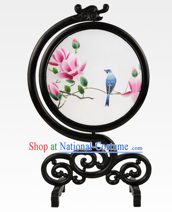 Handmade Sandalwood Table Ornament China Suzhou Embroidery Silk Craft Embroidered Mangnolia Bird Desk Screen