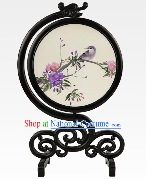 China Suzhou Embroidery Silk Craft Embroidered Plum Bird Desk Screen Handmade Sandalwood Table Ornament