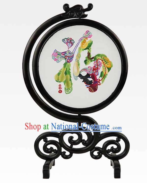 Handmade China Suzhou Embroidery Silk Craft Embroidered Desk Screen Sandalwood Table Ornament