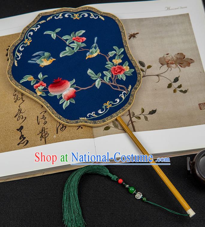 China Traditional Embroidered Pomegranate Fan Handmade Wedding Palace Fan Classical Hanfu Deep Blue Silk Fan