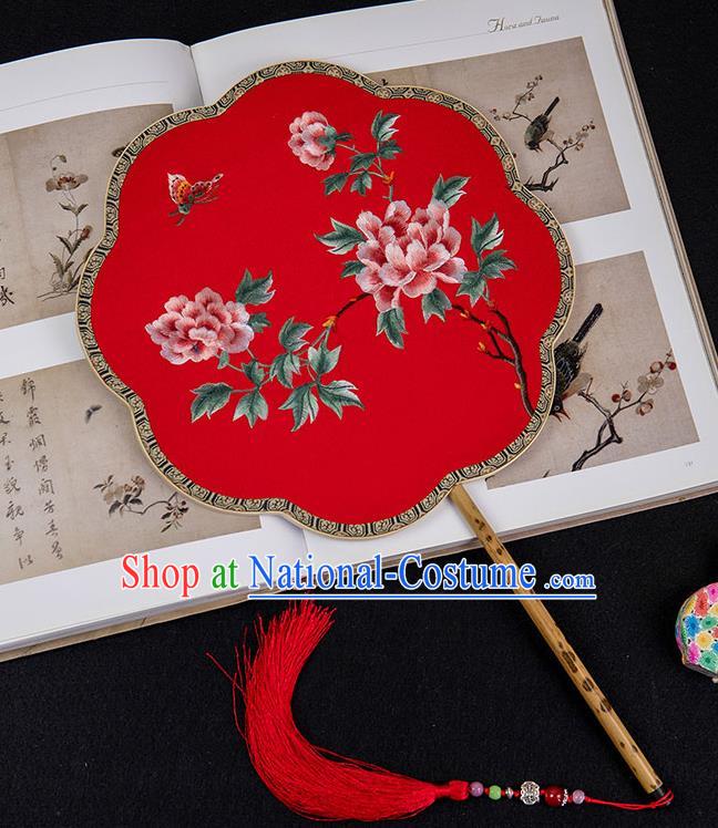 China Handmade Wedding Palace Fan Traditional Embroidered Peony Fan Classical Hanfu Red Silk Fan