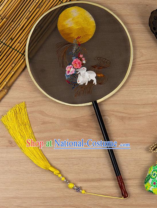 China Traditional Embroidered Moon Rabbit Circular Fan Ancient Noble Lady Palace Fan Classical Hanfu Black Silk Fan Handmade