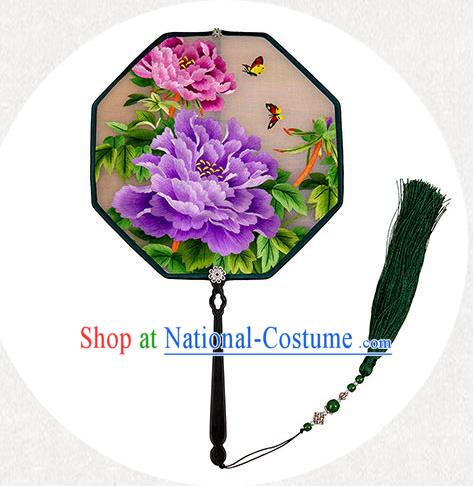 China Classical Hanfu Silk Fan Handmade Ancient Princess Palace Fan Traditional Embroidered Purple Peony Fan