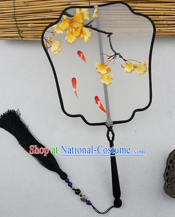 China Handmade Classical Hanfu Accessories Ancient Princess Palace Fan Silk Fan Traditional Embroidered Ginkgo Leaf Fan