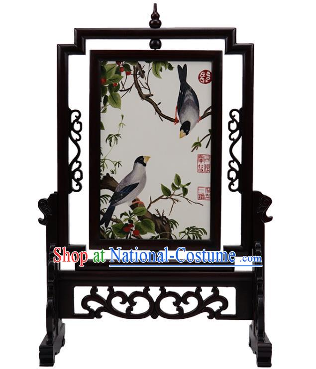 Handmade China Suzhou Embroidery Craft Embroidered Double Side Desk Screen Rosewood Table Ornament