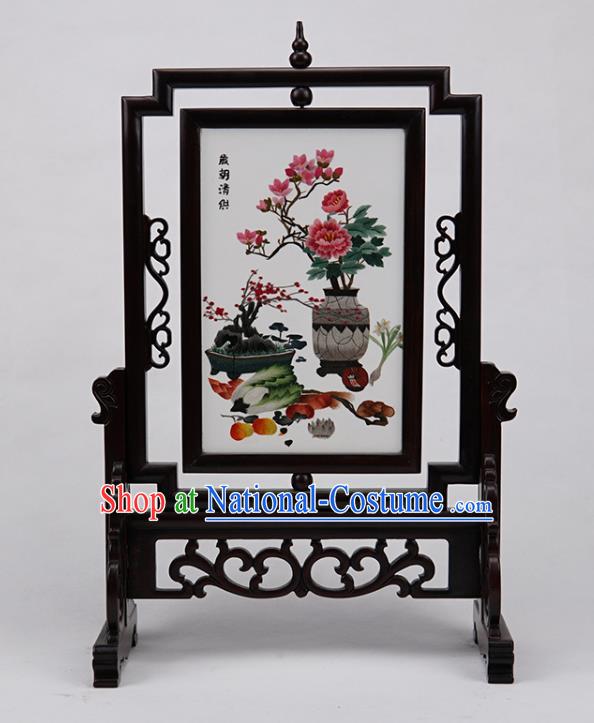 Handmade China Embroidered Double Side Desk Screen Rosewood Table Ornament Suzhou Embroidery Peony Plum Craft