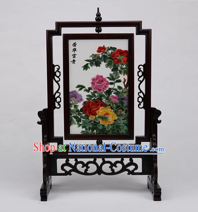 Handmade China Rosewood Table Ornament Suzhou Embroidery Peony Craft Embroidered Double Side Desk Screen