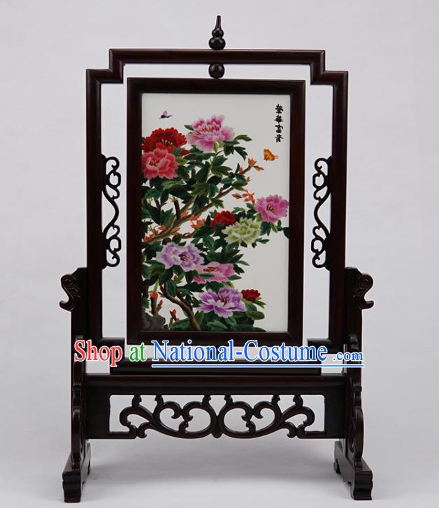 Handmade China Embroidered Peony Desk Screen Rosewood Table Ornament Suzhou Double Side Embroidery Craft