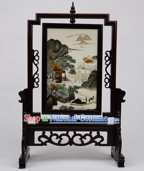 China Suzhou Double Side Embroidery Craft Embroidered Landscape Desk Screen Handmade Rosewood Table Ornament