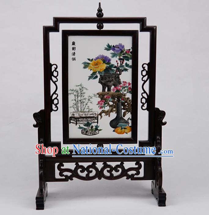 Handmade China Rosewood Table Ornament Suzhou Double Side Embroidery Craft Embroidered Peony Desk Screen