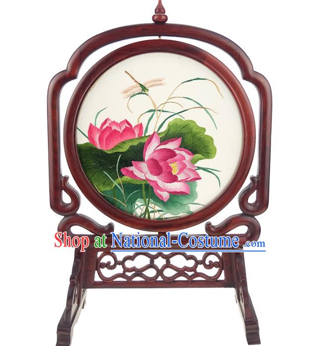 China Embroidered Lotus Desk Screen Handmade Rosewood Table Ornament Suzhou Double Side Embroidery Silk Craft