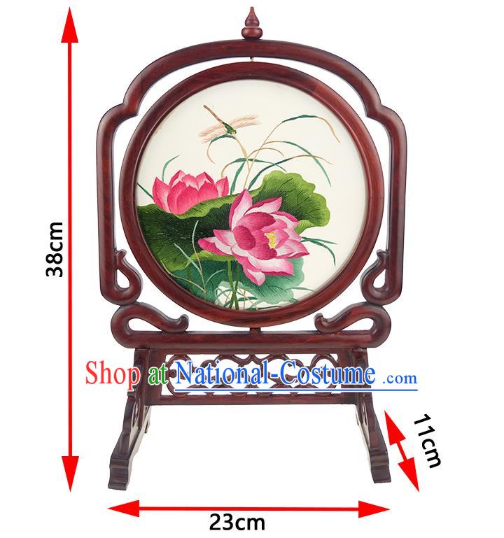 China Embroidered Lotus Desk Screen Handmade Rosewood Table Ornament Suzhou Double Side Embroidery Silk Craft