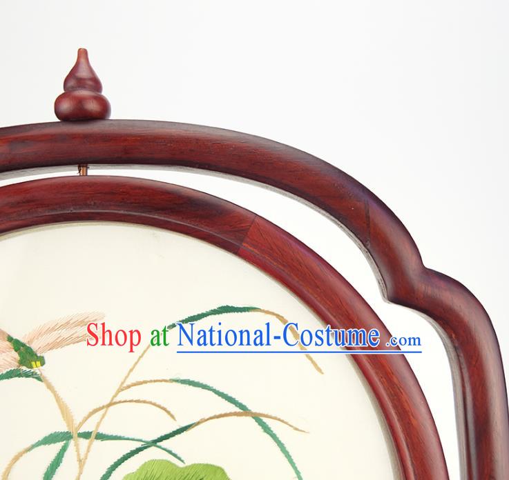 China Embroidered Lotus Desk Screen Handmade Rosewood Table Ornament Suzhou Double Side Embroidery Silk Craft