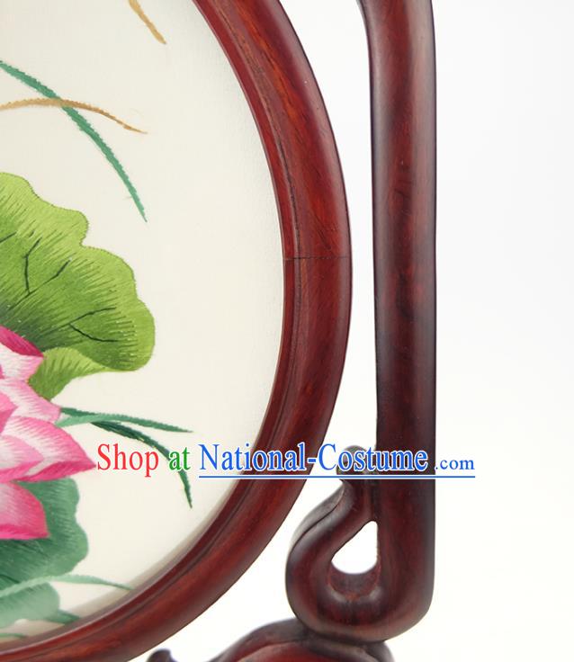 China Embroidered Lotus Desk Screen Handmade Rosewood Table Ornament Suzhou Double Side Embroidery Silk Craft